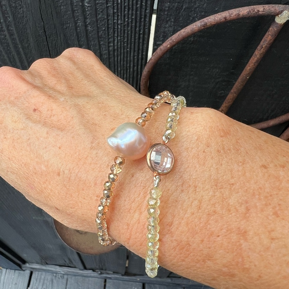 Baroque Freshwater Pearl and Light Pink Crystal Bracelets - Set Of Two